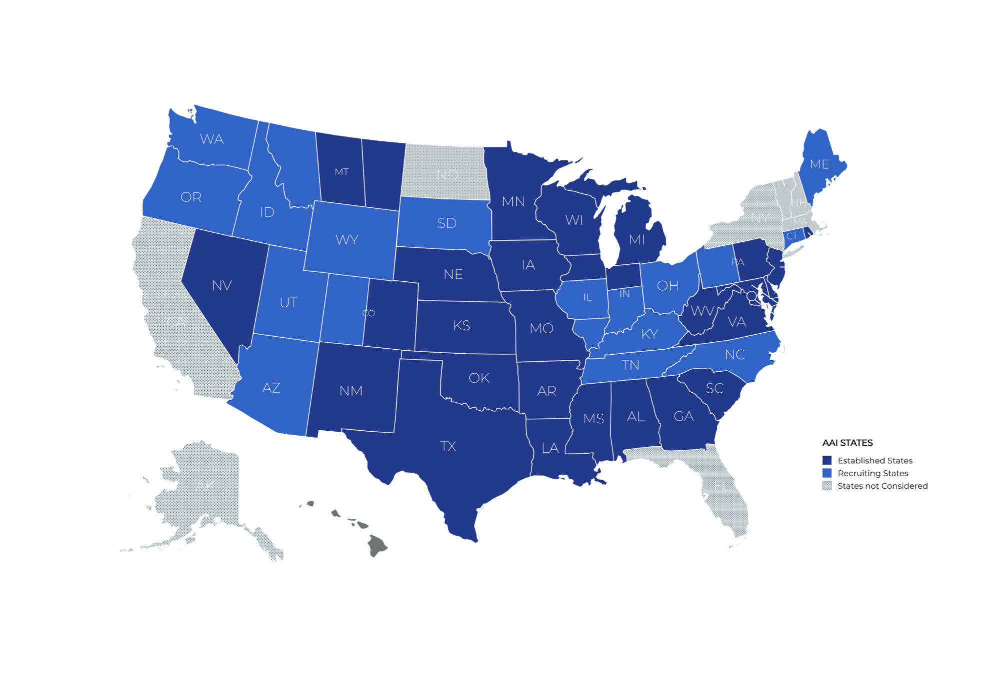 Map of established, recruiting and states that are not considered. See more in the list of states below.